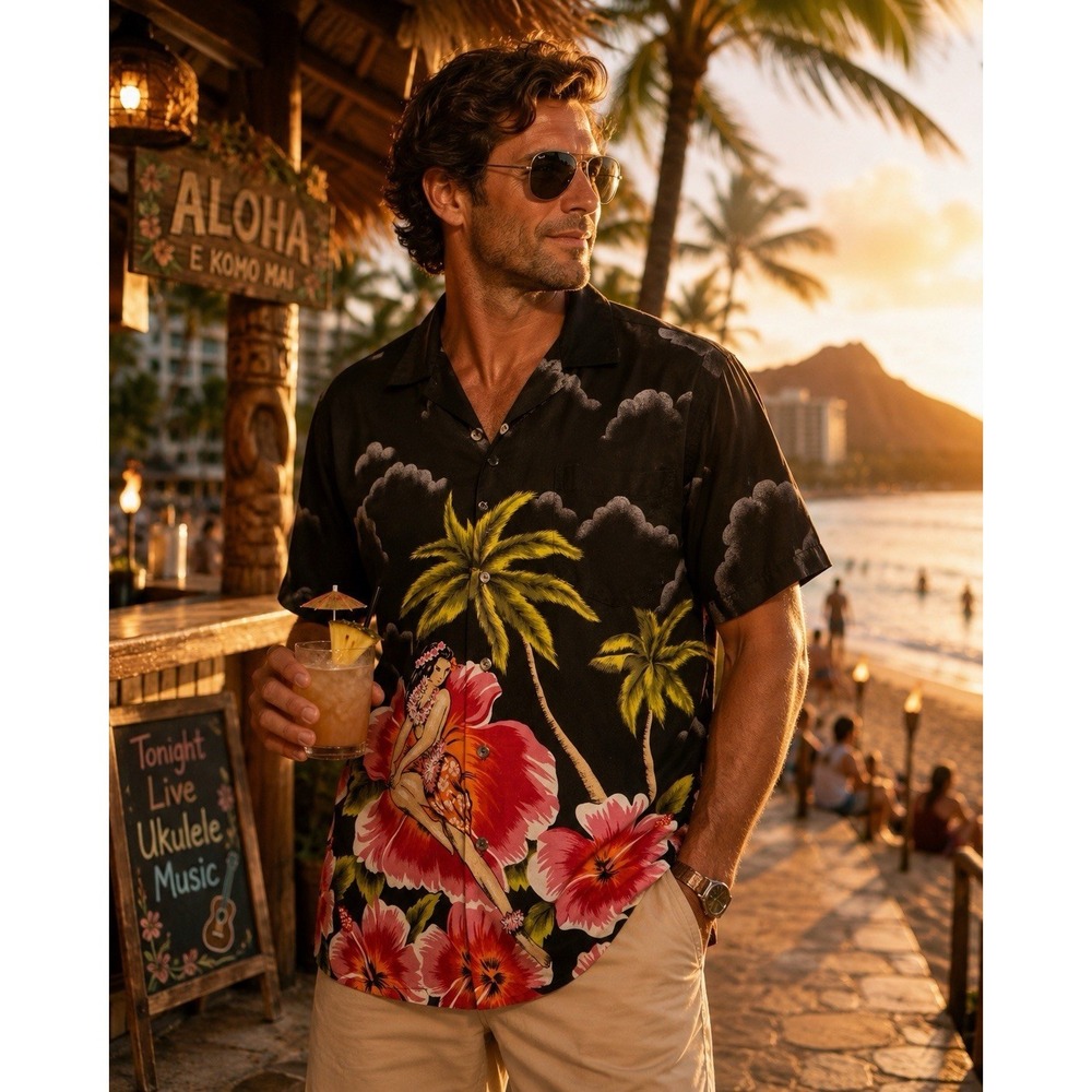 VTG Kalaheo Hawaiian Shirt Mens Large Black Tropical Aloha Vacation USA